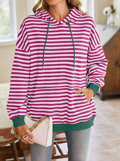 Loose casual striped hooded sweatshirt