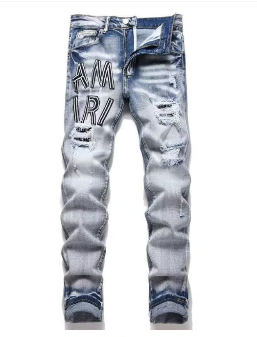Punk Retro Blue Ripped Slim Fit Men's Jeans