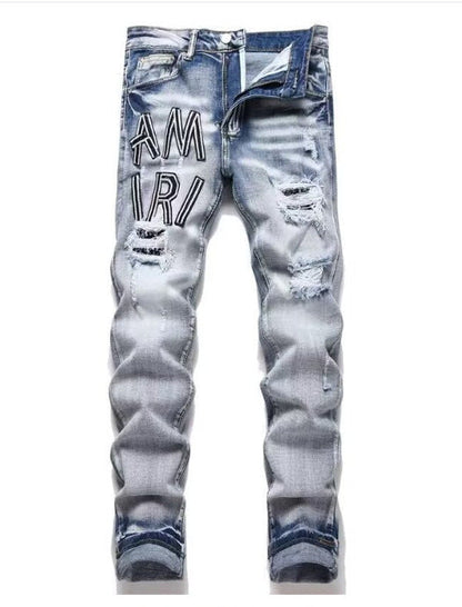 Punk Retro Blue Ripped Slim Fit Men's Jeans