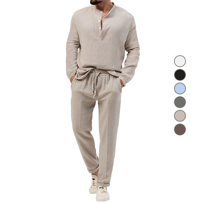 Solid Color Casual T-shirt Long Sleeve Shirt Trousers Set