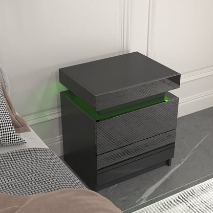 Modern Black LED Nightstand with Led Lights Bedside table with 2 High Gloss Drawers for Bedroom
