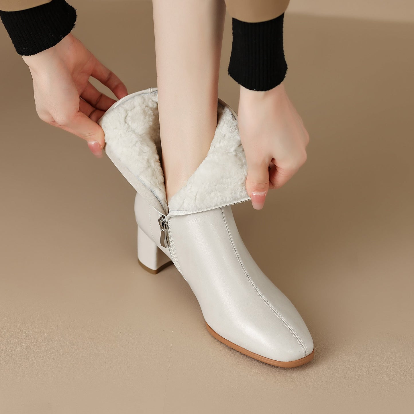 Women's Short Boots, Chunky Mid-heel, Thick Fur Snow Boots, Cotton Boots