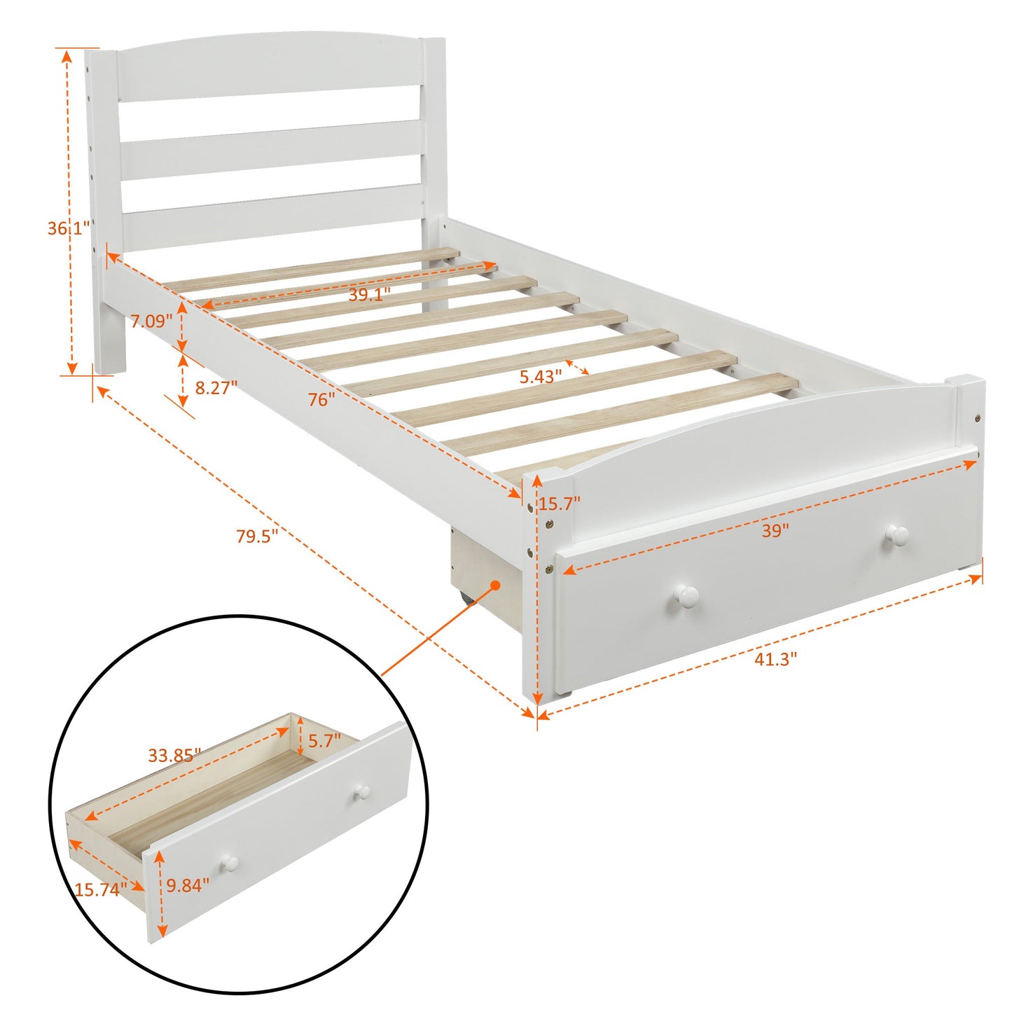 Platform Twin Bed Frame with Storage Drawer and Wood Slat Support No Box Spring Needed White