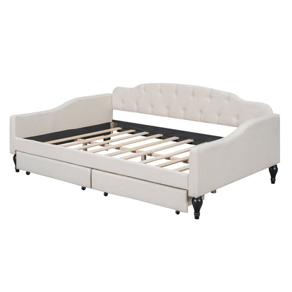 Full Size Upholstered Tufted Daybed with Two Drawers, Beige