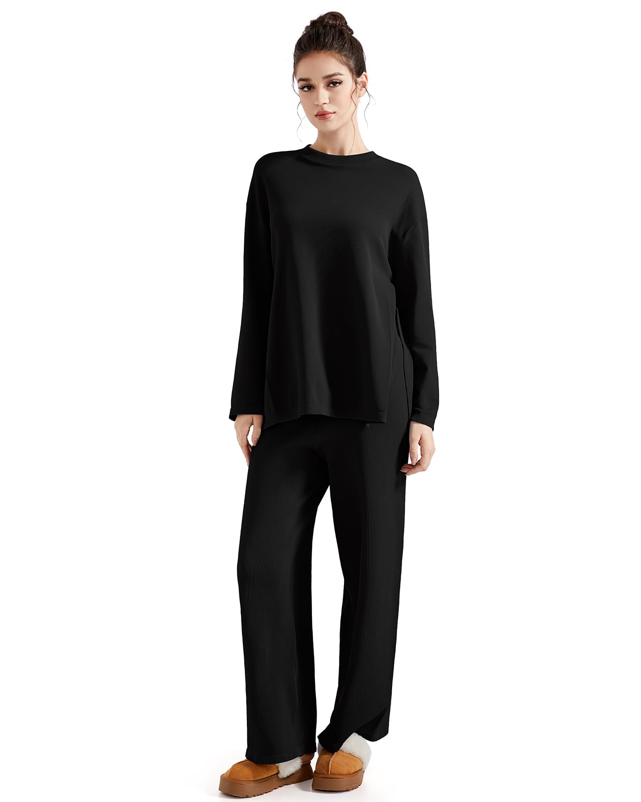 SUUKSESS Women Lounge 2PC Pajama Set Long Sleeve Top Wide Leg Pants Black M