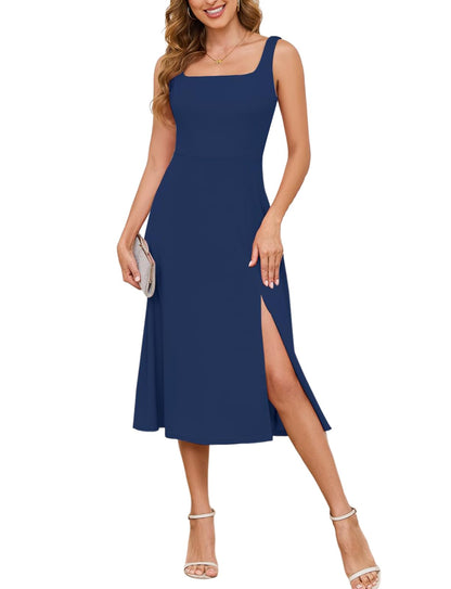 Gardenwed Womens Square Neck Midi Dress Sleeveless Slit Cocktail Navy M