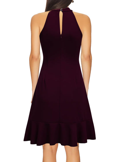 WOOSEA Womens Sleeveless Halter Neck Cocktail Dress Burgundy Size M