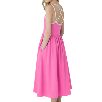 WELAKEN Summer Sundress Criss Cross Back Elastic Waist Pockets Hot Pink Size 8Y