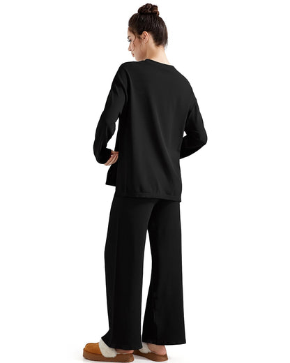 SUUKSESS Women Lounge 2PC Pajama Set Long Sleeve Top Wide Leg Pants Black M