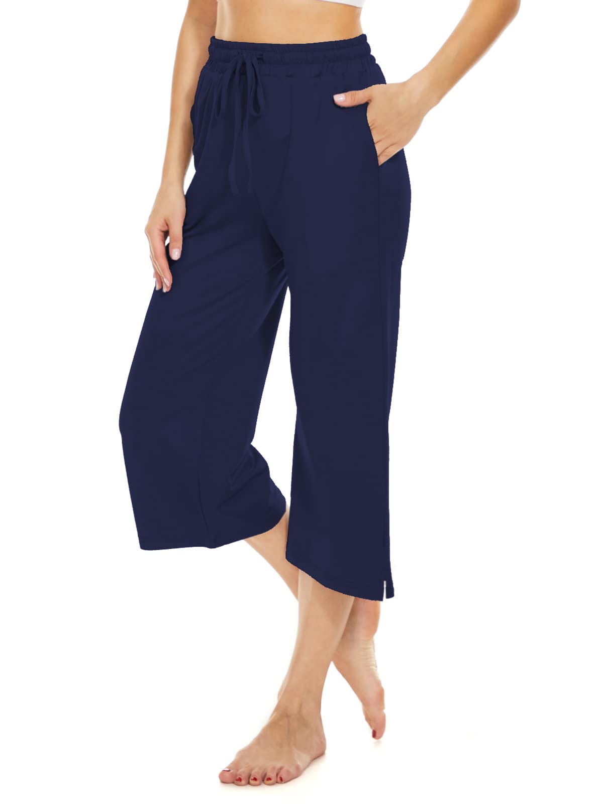 BATHRINS Womens Wide Leg Capri Pants Drawstring Pockets Navy Size M