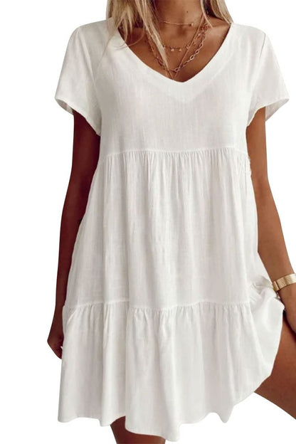 Fangetey Women's V-Neck Button Down Tunic Dress Short Sleeve White Size S