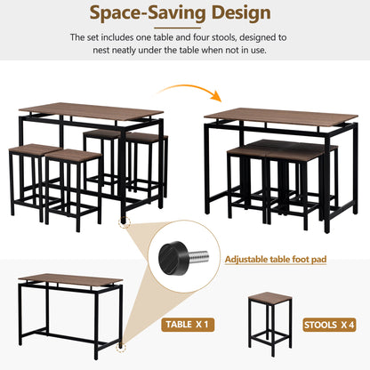 TREXM 5-piece compact bar table with table and stool - modern industrial design (dark brown)