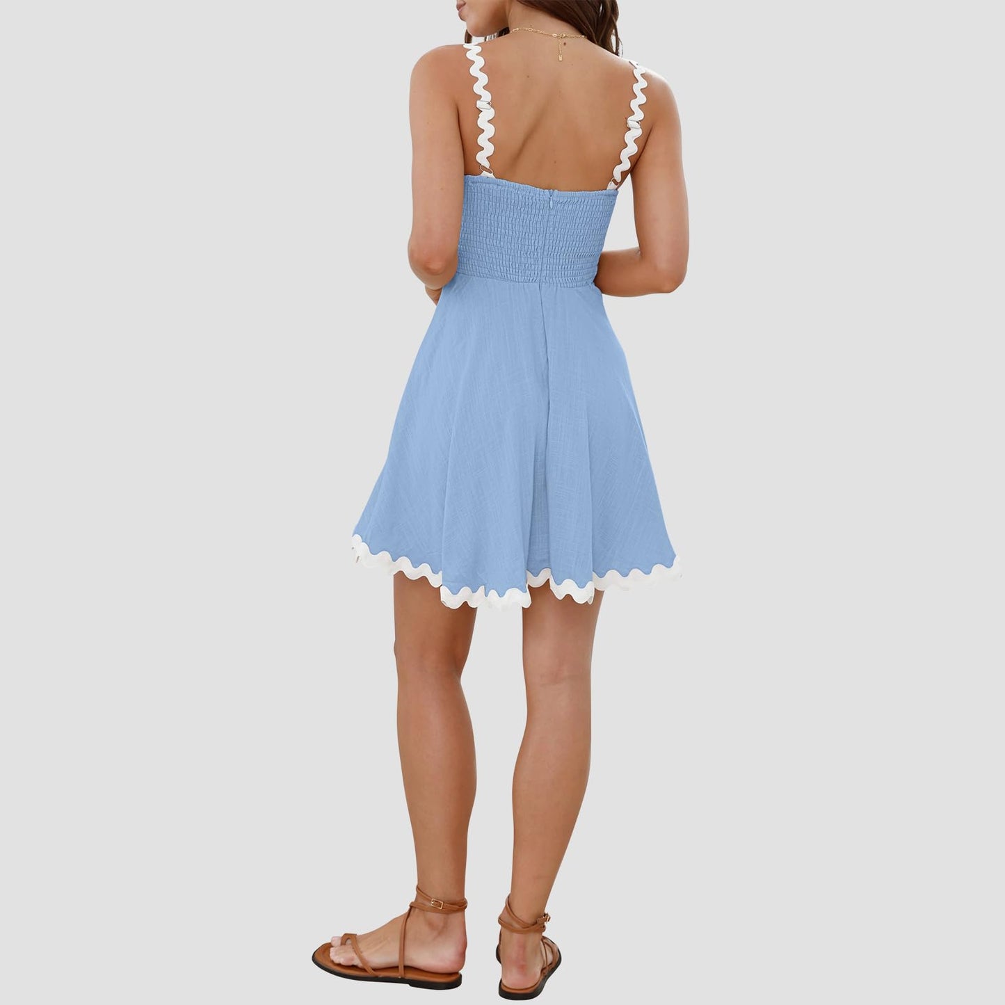 Shy Velvet Summer Mini Linen Dress with RIC Rac Trim White Size L