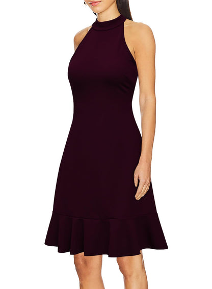 WOOSEA Womens Sleeveless Halter Neck Cocktail Dress Burgundy Size M