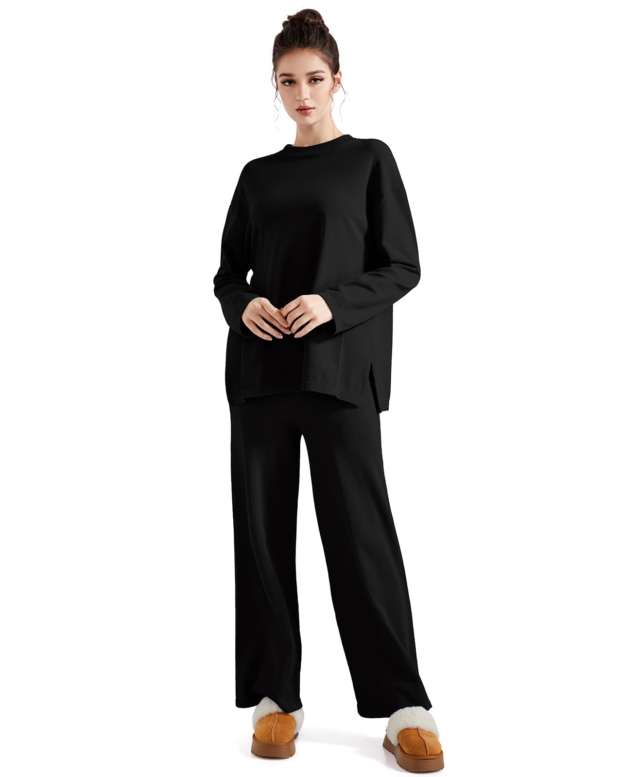 SUUKSESS Women Lounge 2PC Pajama Set Long Sleeve Top Wide Leg Pants Black M