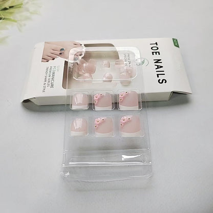 ZIFANHU 24 Pcs White French Press On Toenails Pink Flower Design Plastic