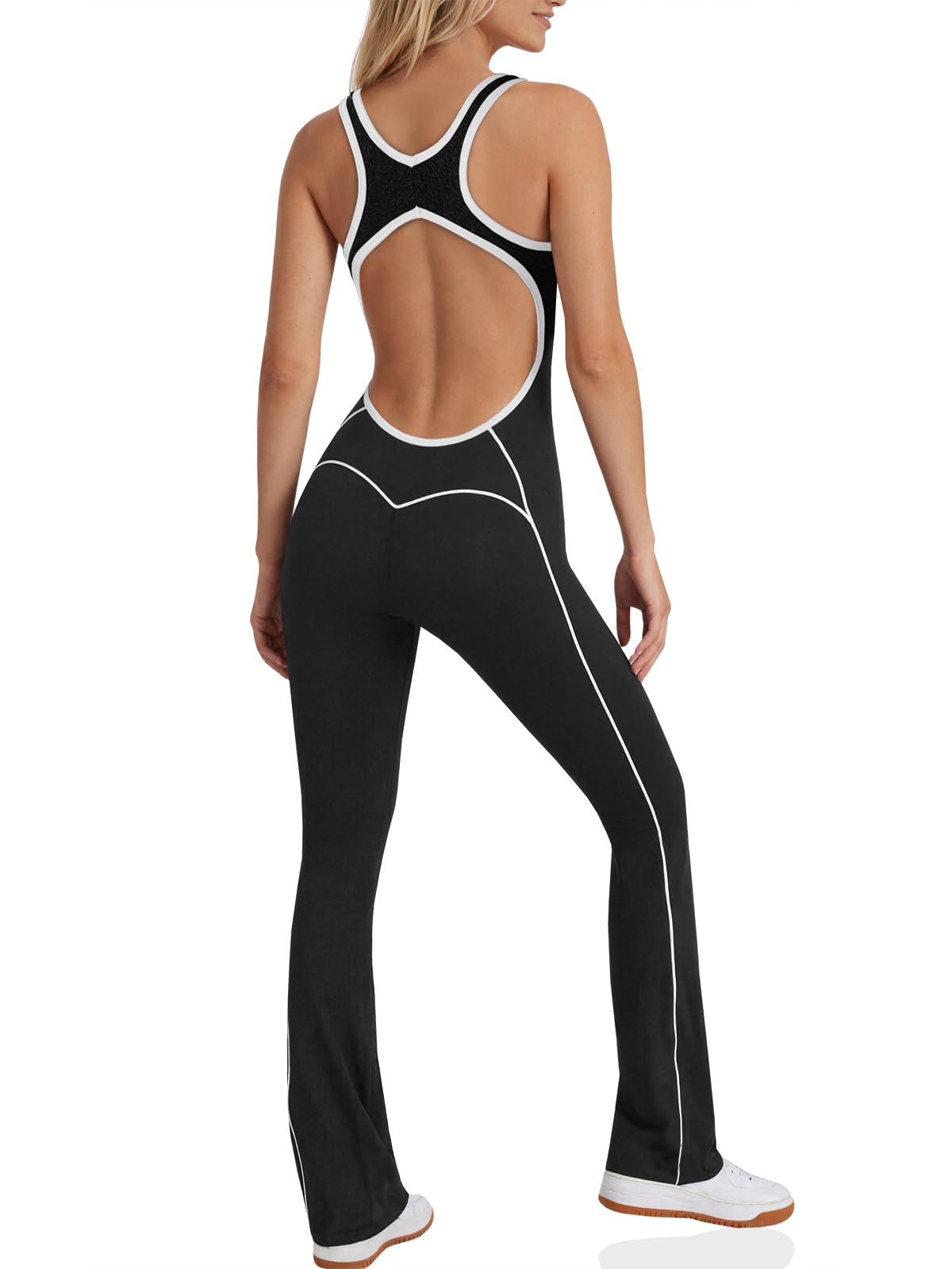Fisoew Womens Onepiece Workout Jumpsuit Backless Scoop Neck Grey Marle L