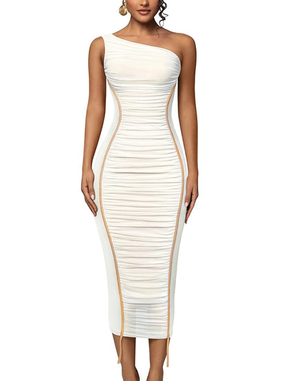 LAGSHIAN Women's Sexy Bodycon One Shoulder Mesh Ruched Midi Dress White Size L