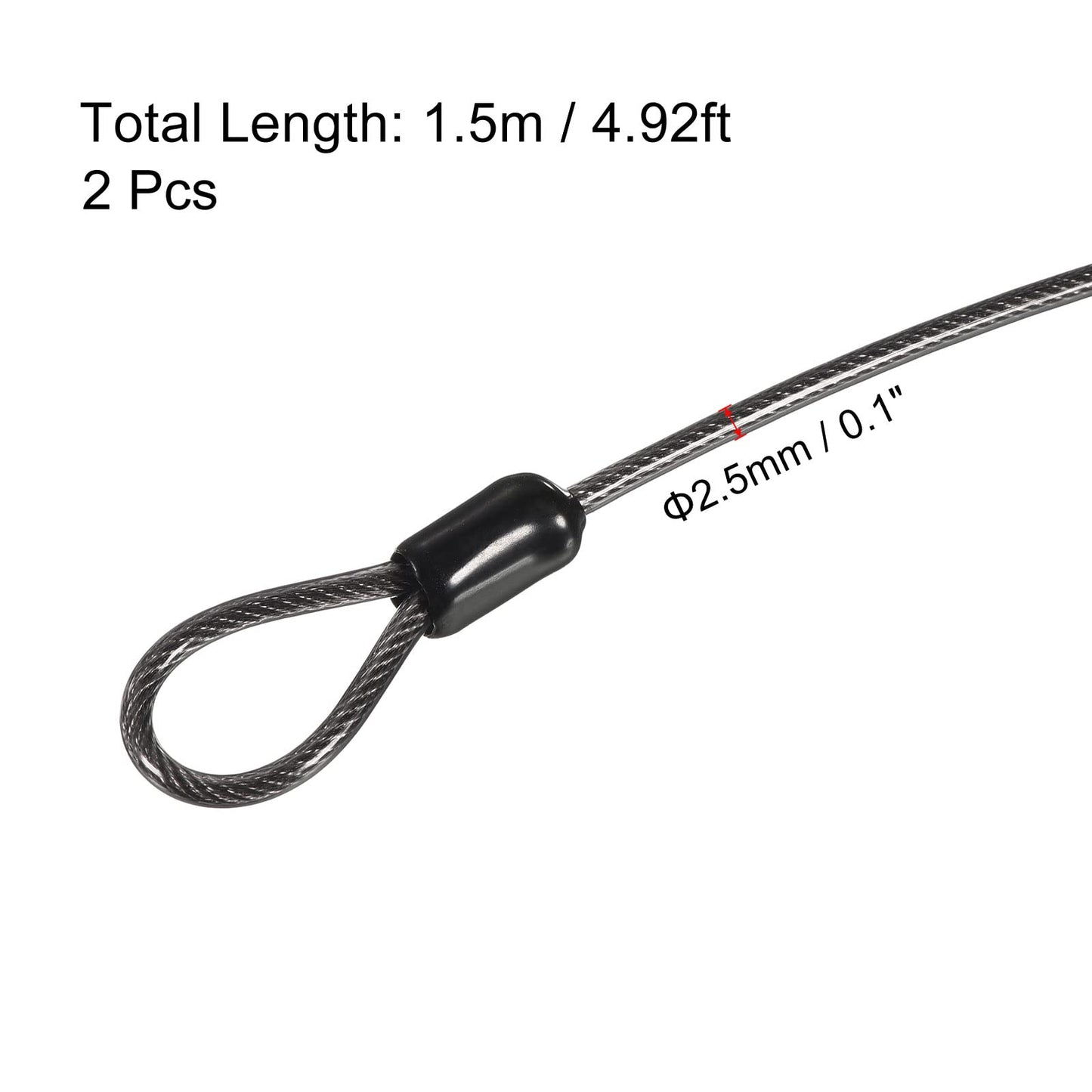 PATIKIL Security Steel Cable 2.5mm x 1.5m Black Double Loop 2 Pack