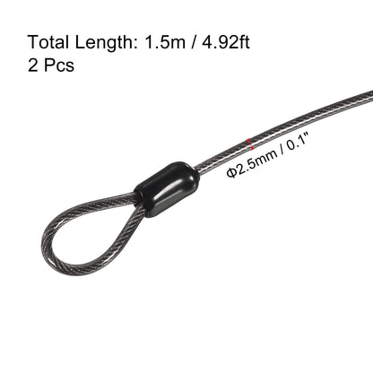 PATIKIL Security Steel Cable 2.5mm x 1.5m Black Double Loop 2 Pack