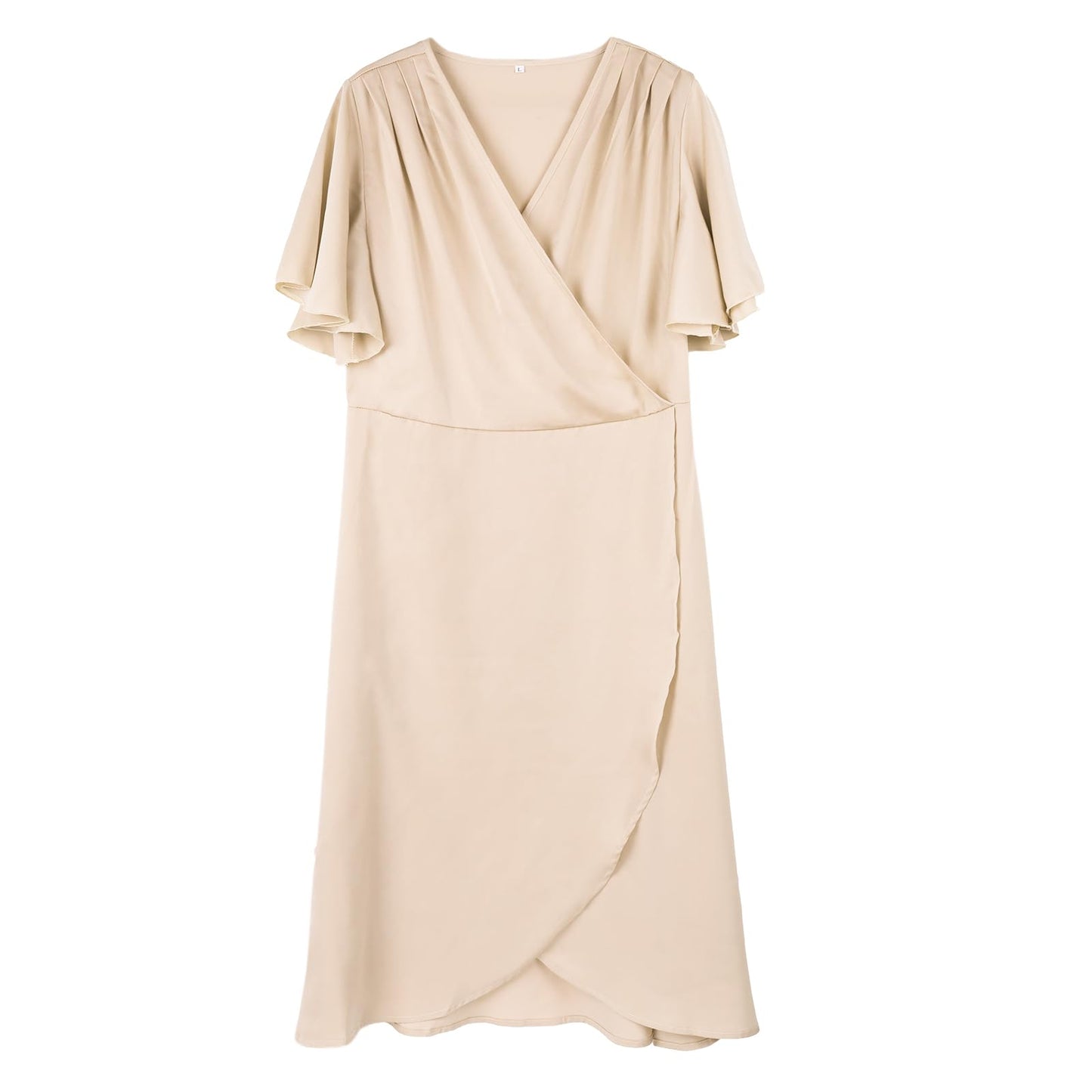 AliChan Womens Satin Wrap Dress V Neck Flared Sleeve Tie Waist Beige Size L