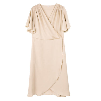 AliChan Womens Satin Wrap Dress V Neck Flared Sleeve Tie Waist Beige Size L