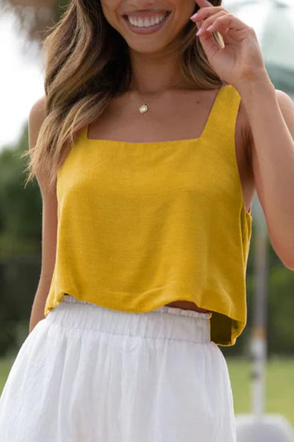 Allimy Women's Square Neck Sleeveless Crop Tank Top Yellow Size M