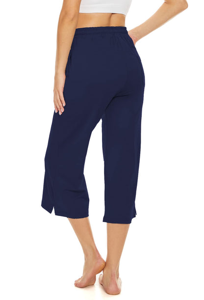 BATHRINS Womens Wide Leg Capri Pants Drawstring Pockets Navy Size M