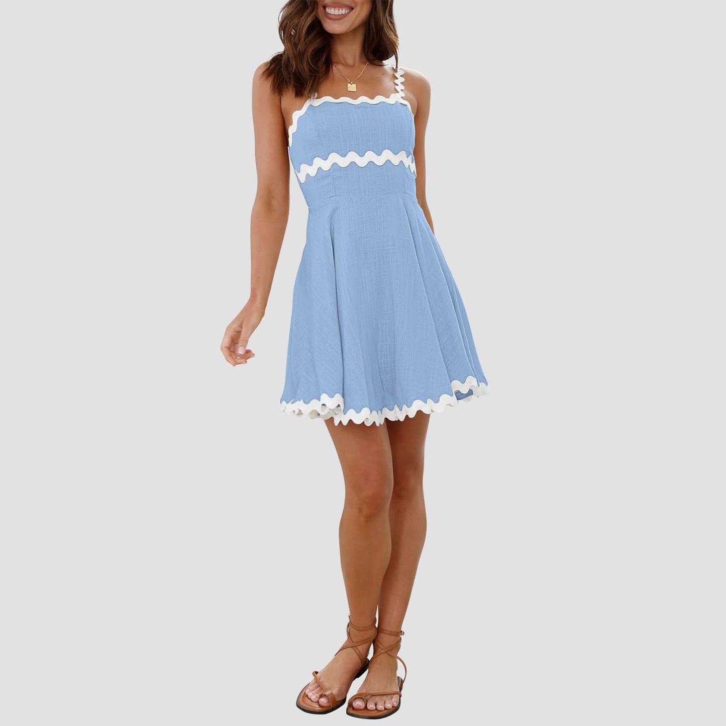 Shy Velvet Summer Mini Linen Dress with RIC Rac Trim White Size L
