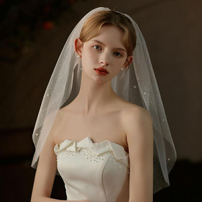 Cliory Pearl Veil Glitter Bride Wedding Short Veil White