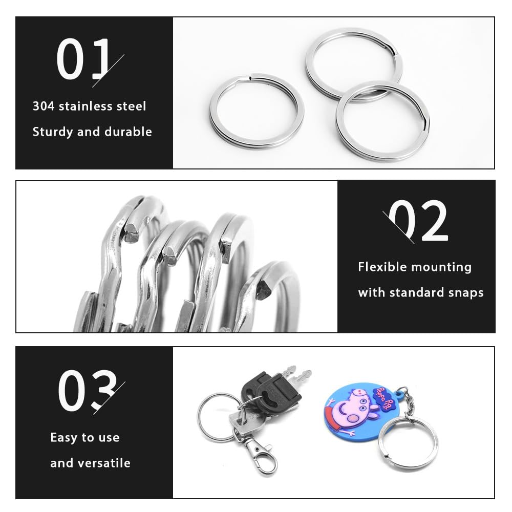 Biyrly Stainless Steel Round Keyrings 12 Pack Silver 28mm Flat Split Rings