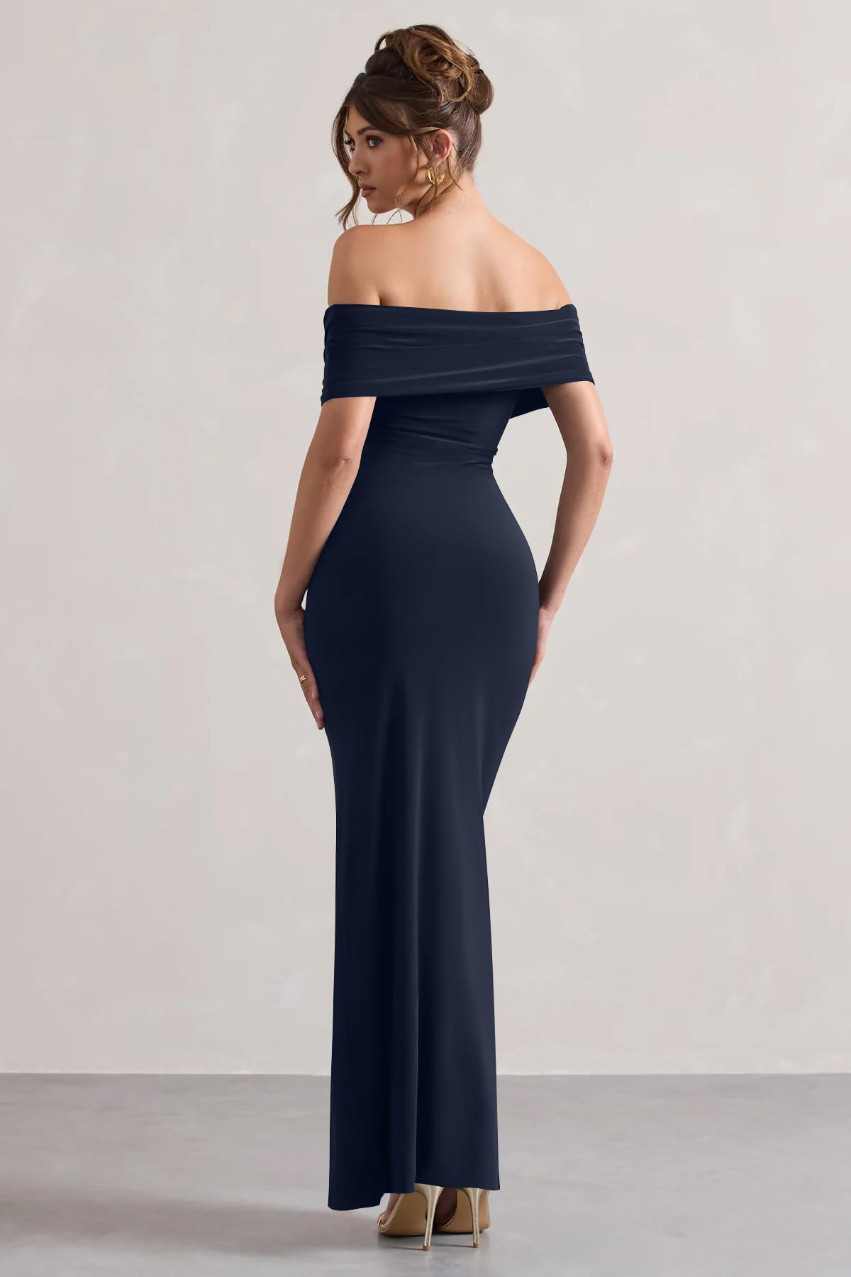LAGSHIAN Women's Bodycon Off Shoulder Ruched Split Hem Dress Navy Size S