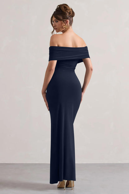 LAGSHIAN Women's Bodycon Off Shoulder Ruched Split Hem Dress Navy Size S