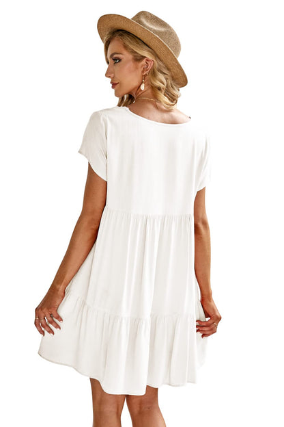 Fangetey Women's V-Neck Button Down Tunic Dress Short Sleeve White Size S