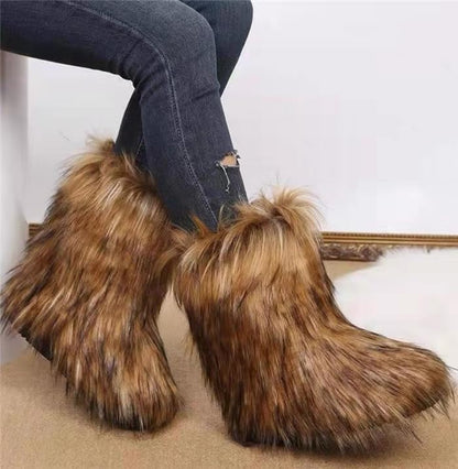 Valpeak Women's Snow Boots Knee High Flat Heel Faux Fur Natural Size 9