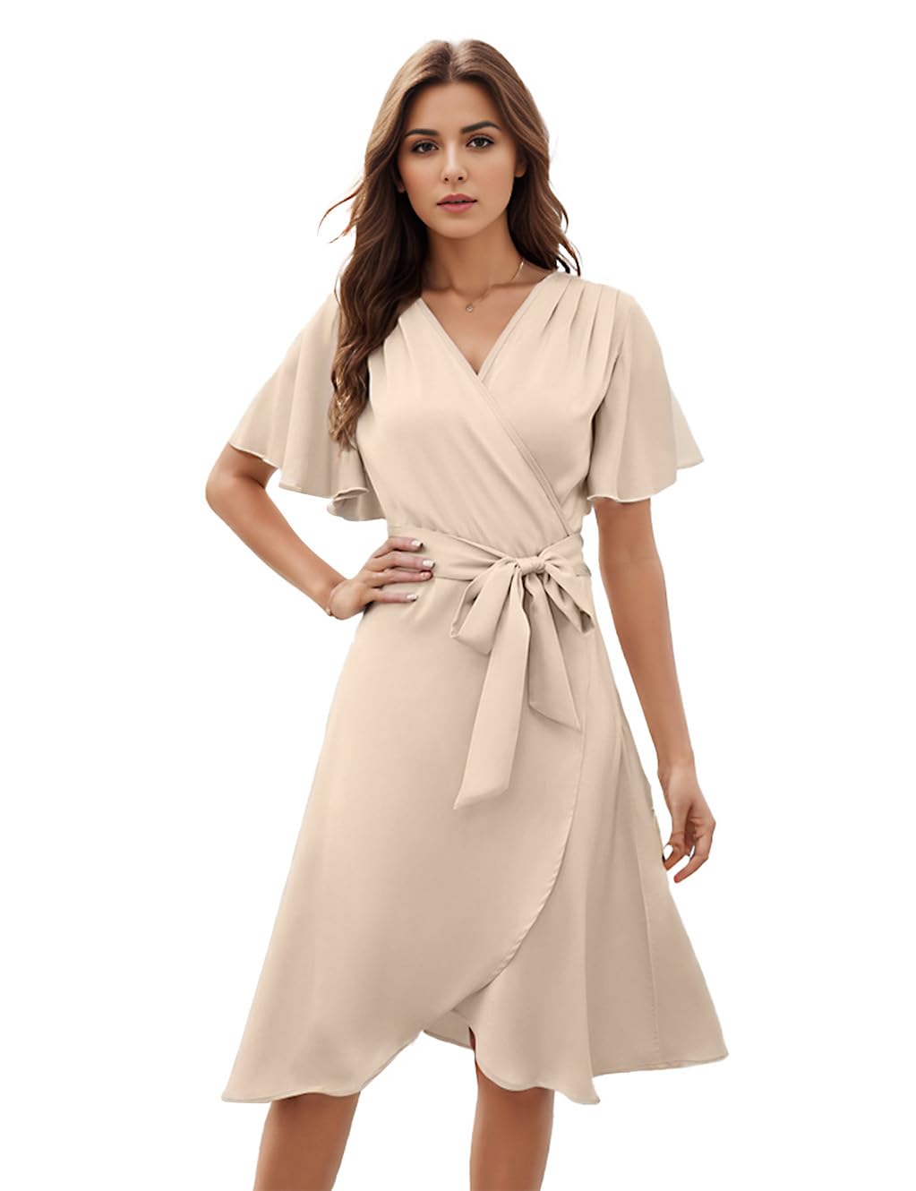 AliChan Womens Satin Wrap Dress V Neck Flared Sleeve Tie Waist Beige Size L