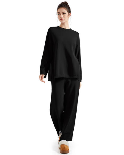 SUUKSESS Women Lounge 2PC Pajama Set Long Sleeve Top Wide Leg Pants Black M