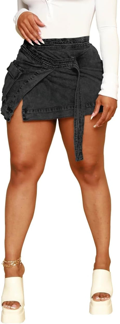 HTD Women's Sexy Mini Denim Skirt Irregular Pockets Dark Grey Size XXL