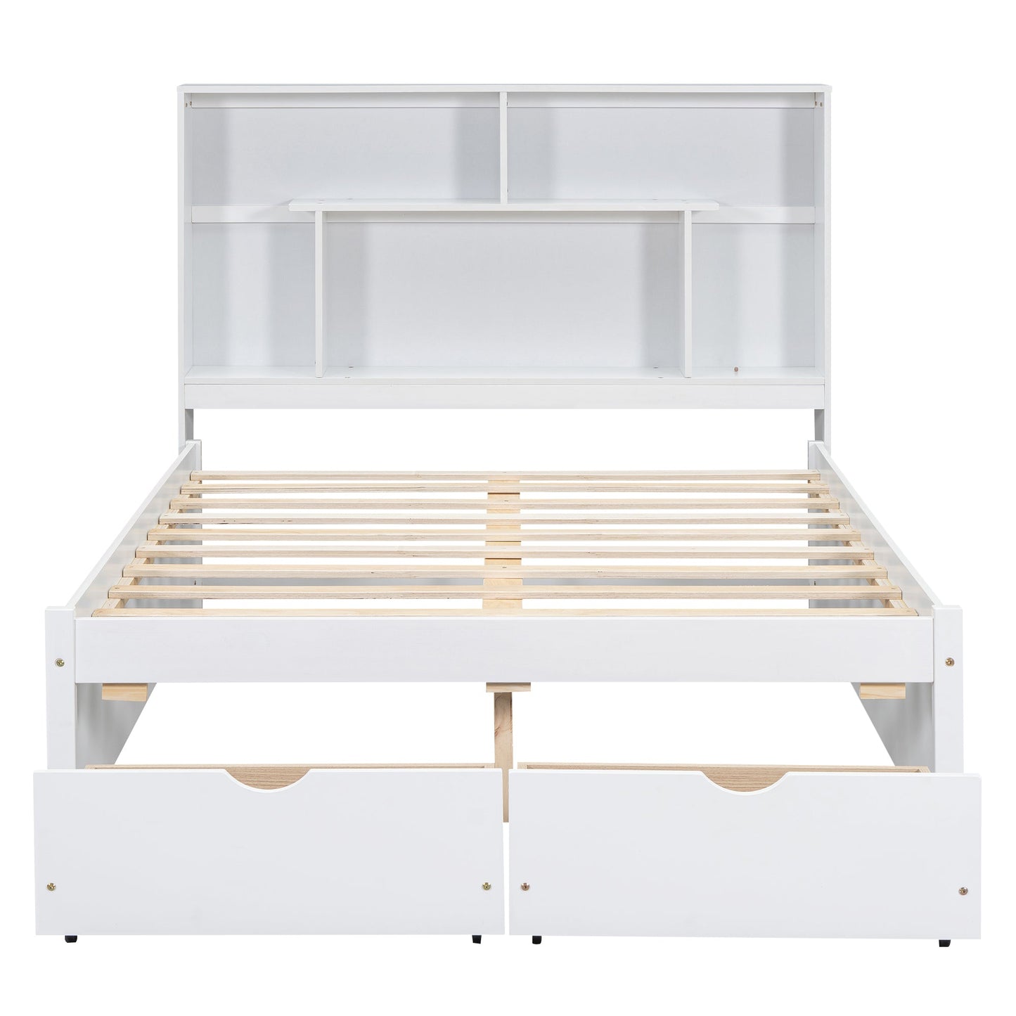 Full Size Platform Bed with Storage Headboard and 2 Drawers, White