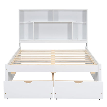 Full Size Platform Bed with Storage Headboard and 2 Drawers, White