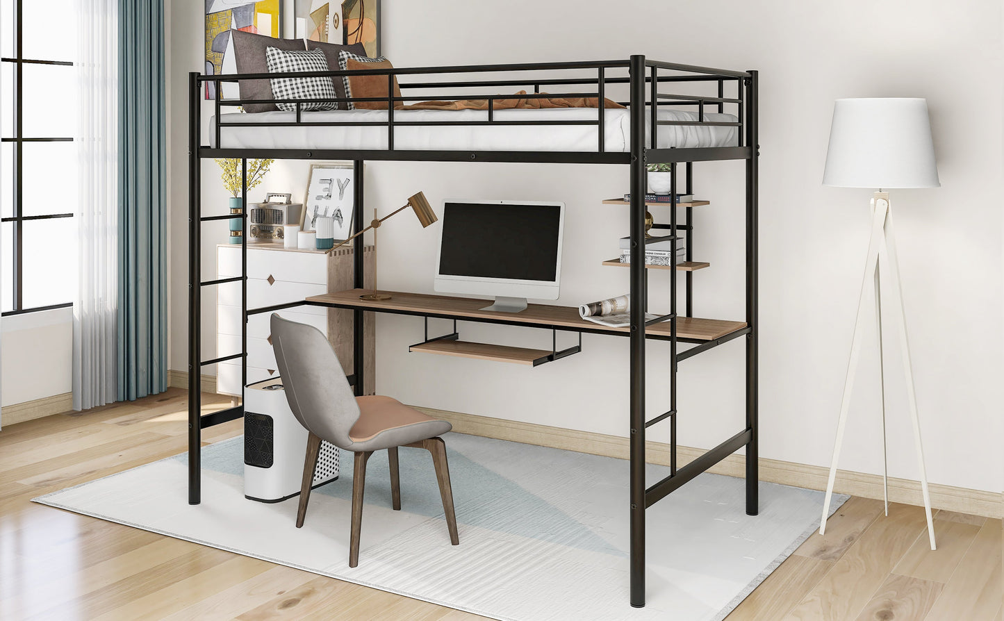 Loft Bed with Desk and Shelf   Space Saving Design Twin