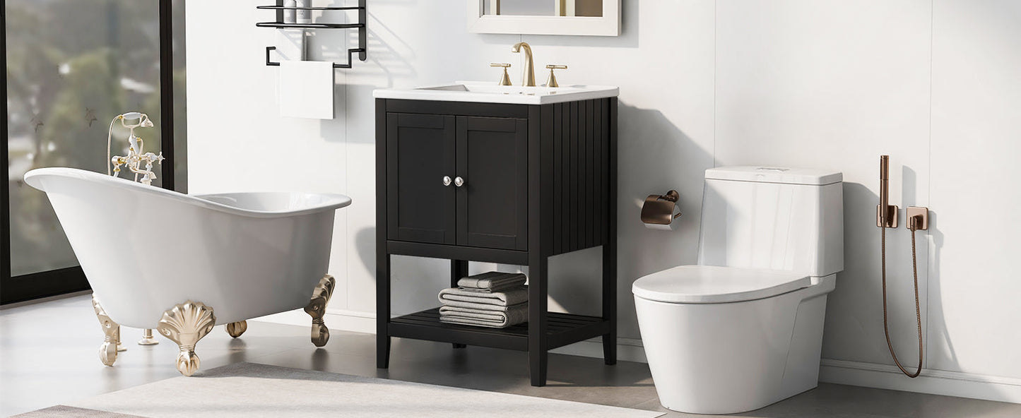 24" Black Modern Sleek Bathroom Vanity Elegant Ceramic Sink with Solid Wood Frame Open Style Shelf