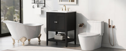 24" Black Modern Sleek Bathroom Vanity Elegant Ceramic Sink with Solid Wood Frame Open Style Shelf