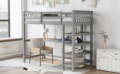 Twin Size Loft Bed with Storage Shelves and Under-bed Desk Gray