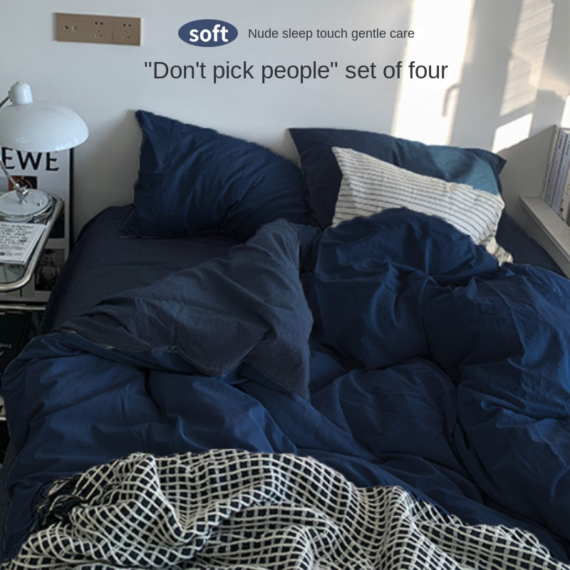 Solid Color Simple Four-Piece Set Flannel Quilt Cover INS Style Quilt Cover Dormitory Summer Washed Cotton Bedding Three-Piece Set