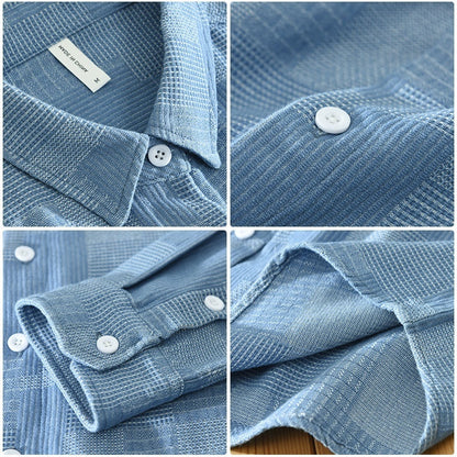 Jacquard Color Block Denim Long Sleeve Shirt