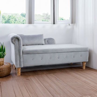 Grey Chaise Lounge Indoor Velvet Lounge Chair for Bedroom with Storage & Pillow Modern Upholstered Rolled Arm Chase Lounge