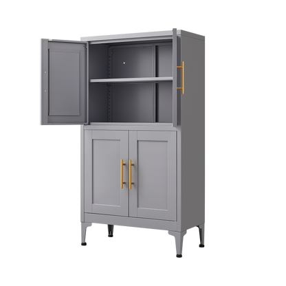 Grey metal kitchen storage cabinet, kitchen pantry storage cabinet with door and shelf, adjustable leveling feet