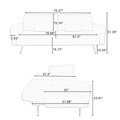 70.47" Pink Fabric Double Sofa with Split Backrest and Two Throw Pillows