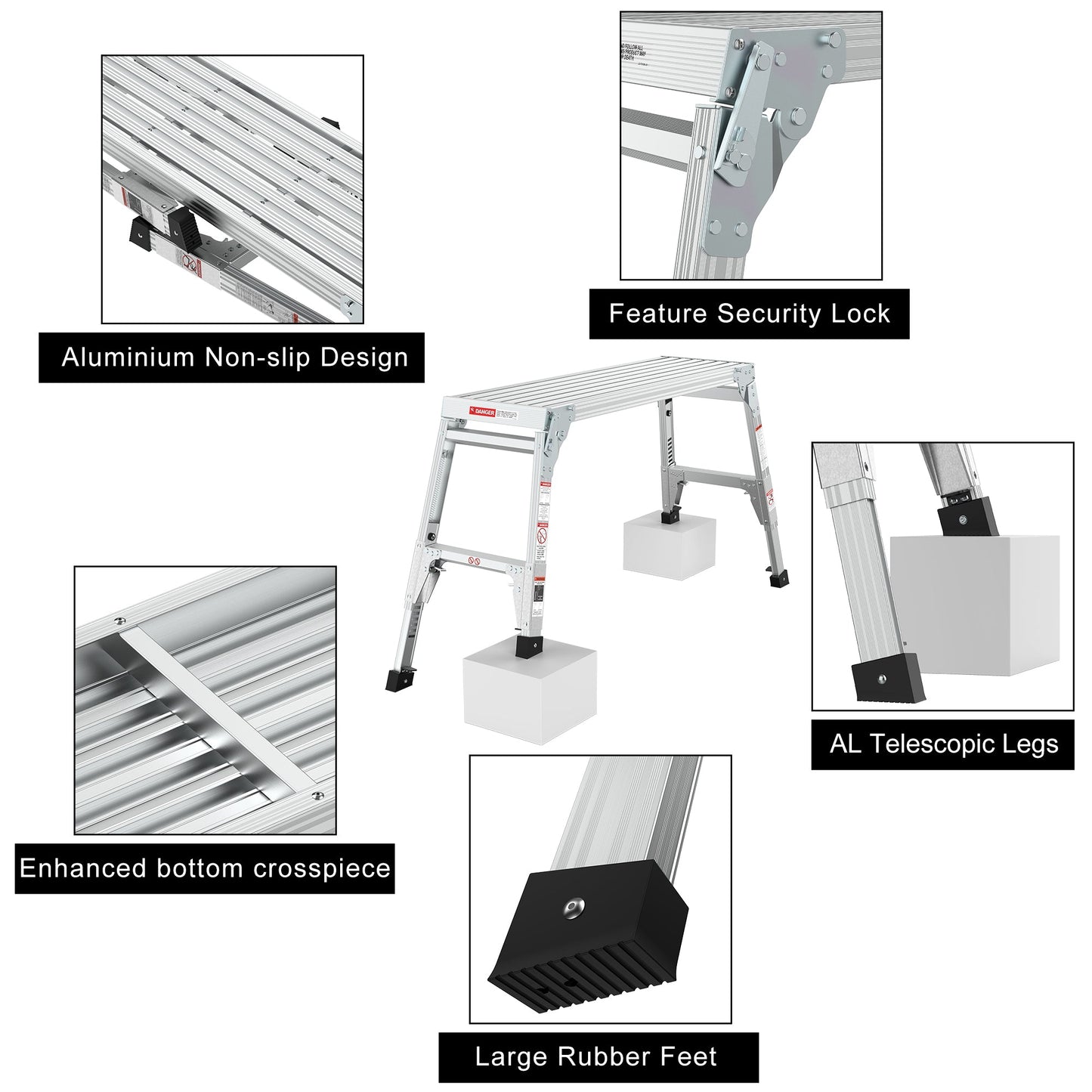 Aluminum Work Platform Large Size Step Stool Folding Portable Work Bench 40" Width Telescopic Feet 22" -27.5" Height Adjustable